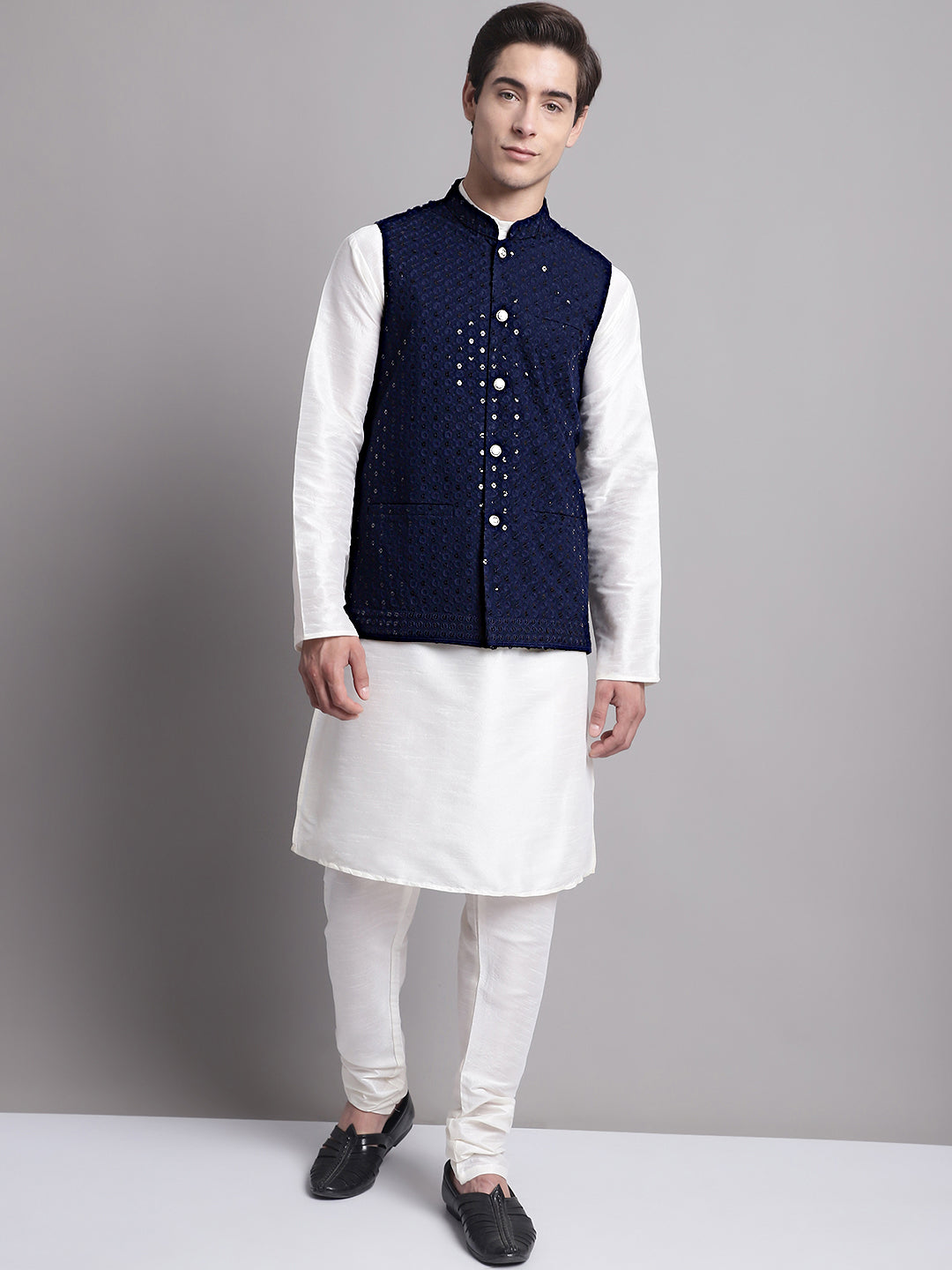 Jompers Men's Navy Blue Sequins and Embroidred Nehru Jacket With Solid Kurta Pyjama