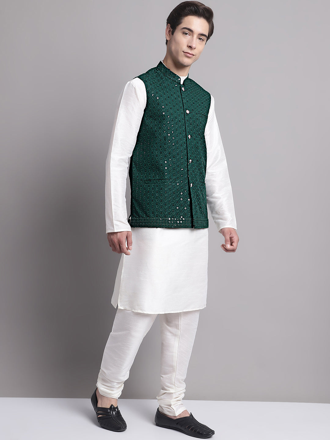 Jompers Men's Olive Green Sequins and Embroidred Nehru Jacket With Solid Kurta Pyjama