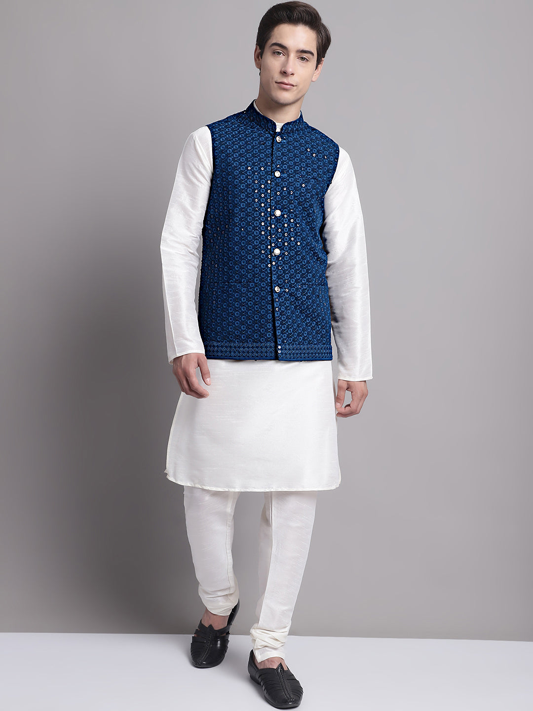 Jompers Men's Peacock Blue Sequins and Embroidred Nehru Jacket With Solid Kurta Pyjama