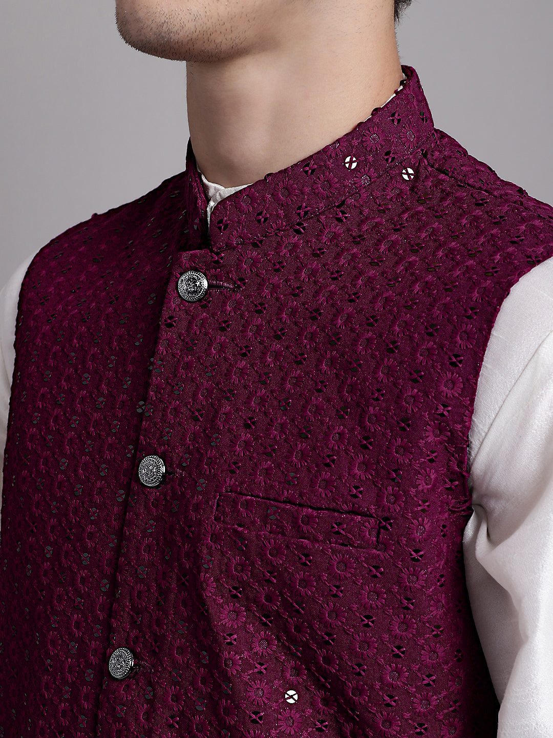 Jompers Men's Purple Sequins and Embroidred Nehru Jacket With Solid Kurta Pyjama