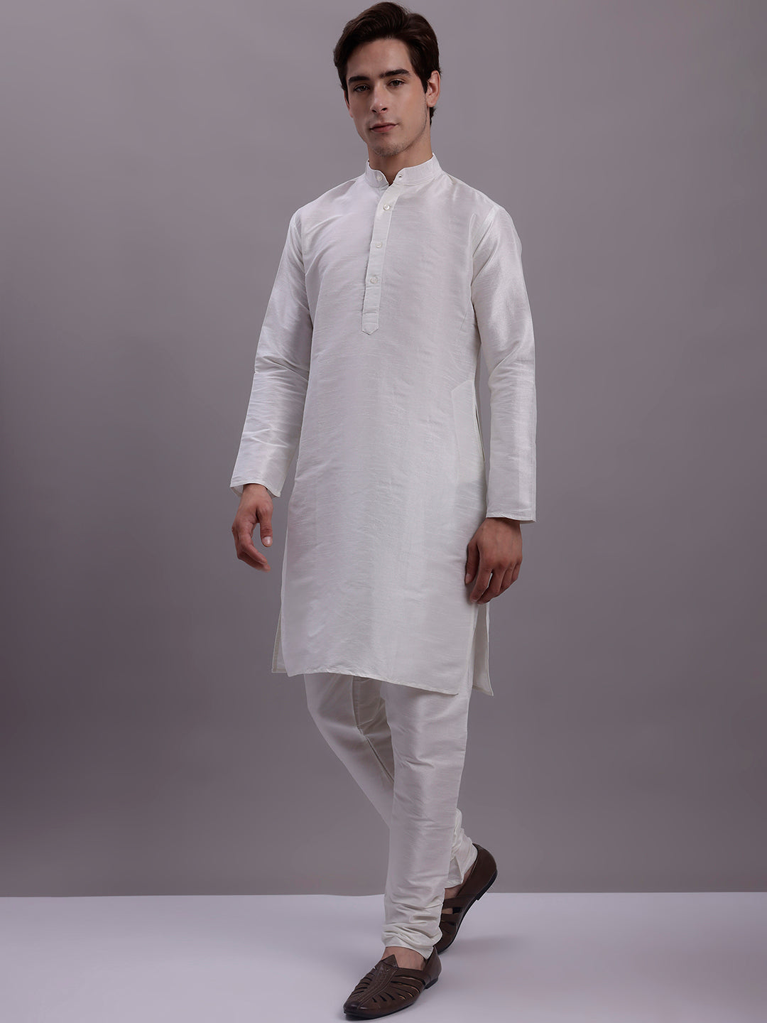 Jompers Men's Olive Green Woven Design Nehru Jacket With Solid Kurta Pyjama