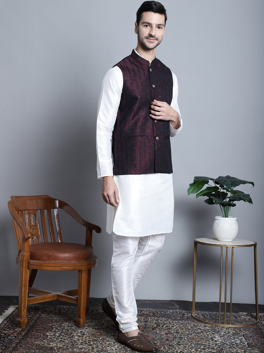 Jompers Men's Woven Design Nehru Jacket With Kurta Pyjama Set - Maroon