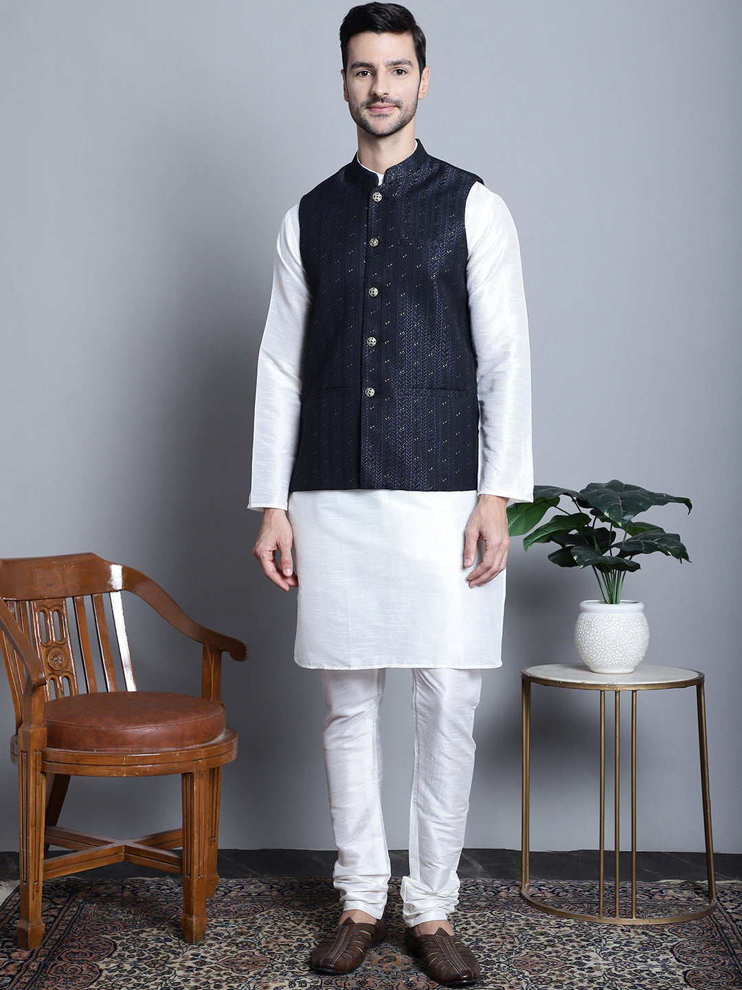 Jompers Men's Woven Design Nehru Jacket With Kurta Pyjama Set - Navy Blue