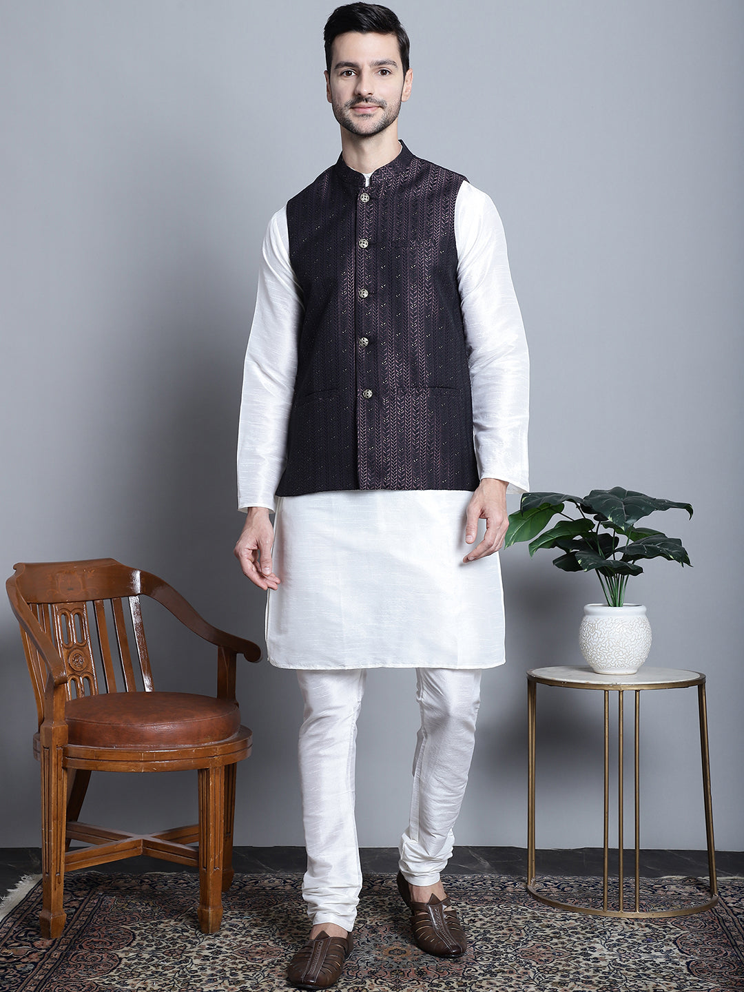 Jompers Men's Woven Design Nehru Jacket With Kurta Pyjama Set - Purple