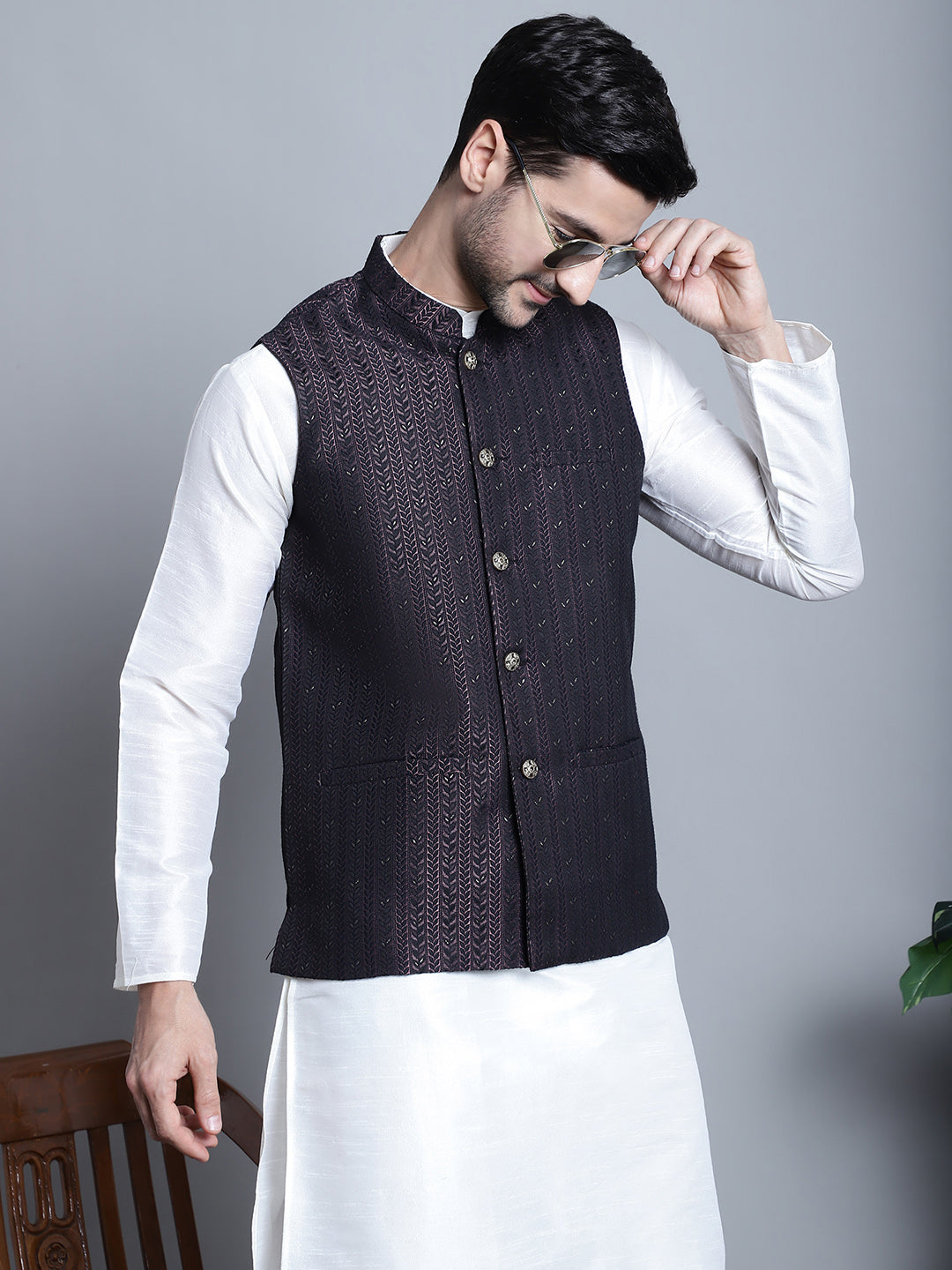Jompers Men's Woven Design Nehru Jacket With Kurta Pyjama Set - Purple