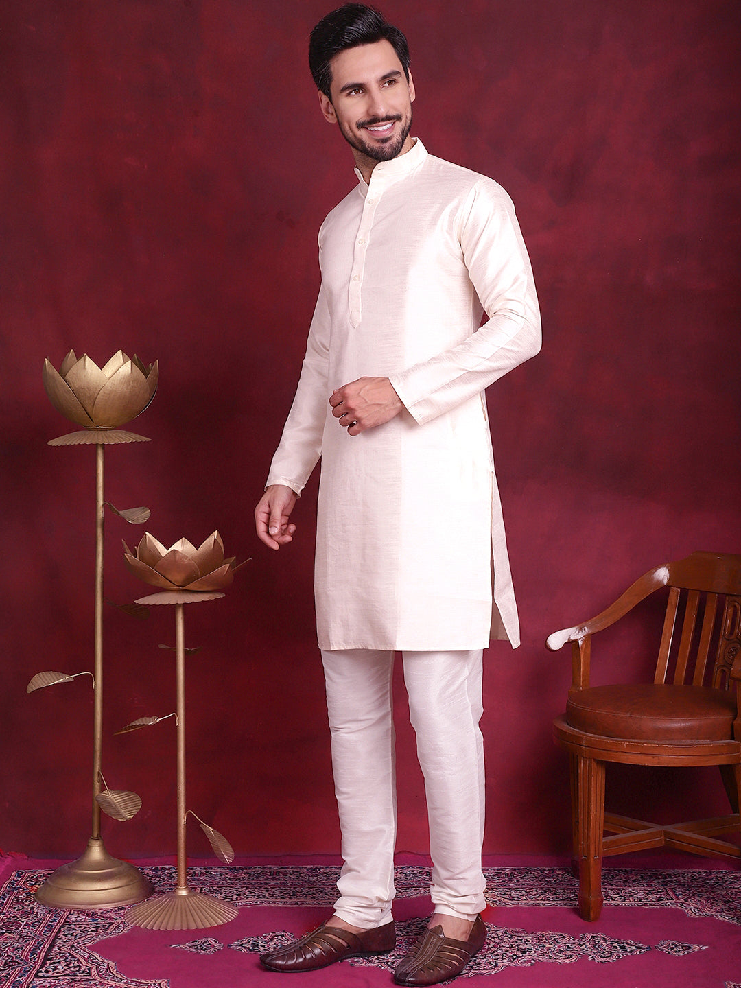 Jompers Men's Woven Design Nehru Jacket With Kurta Pyjama Set - Cream