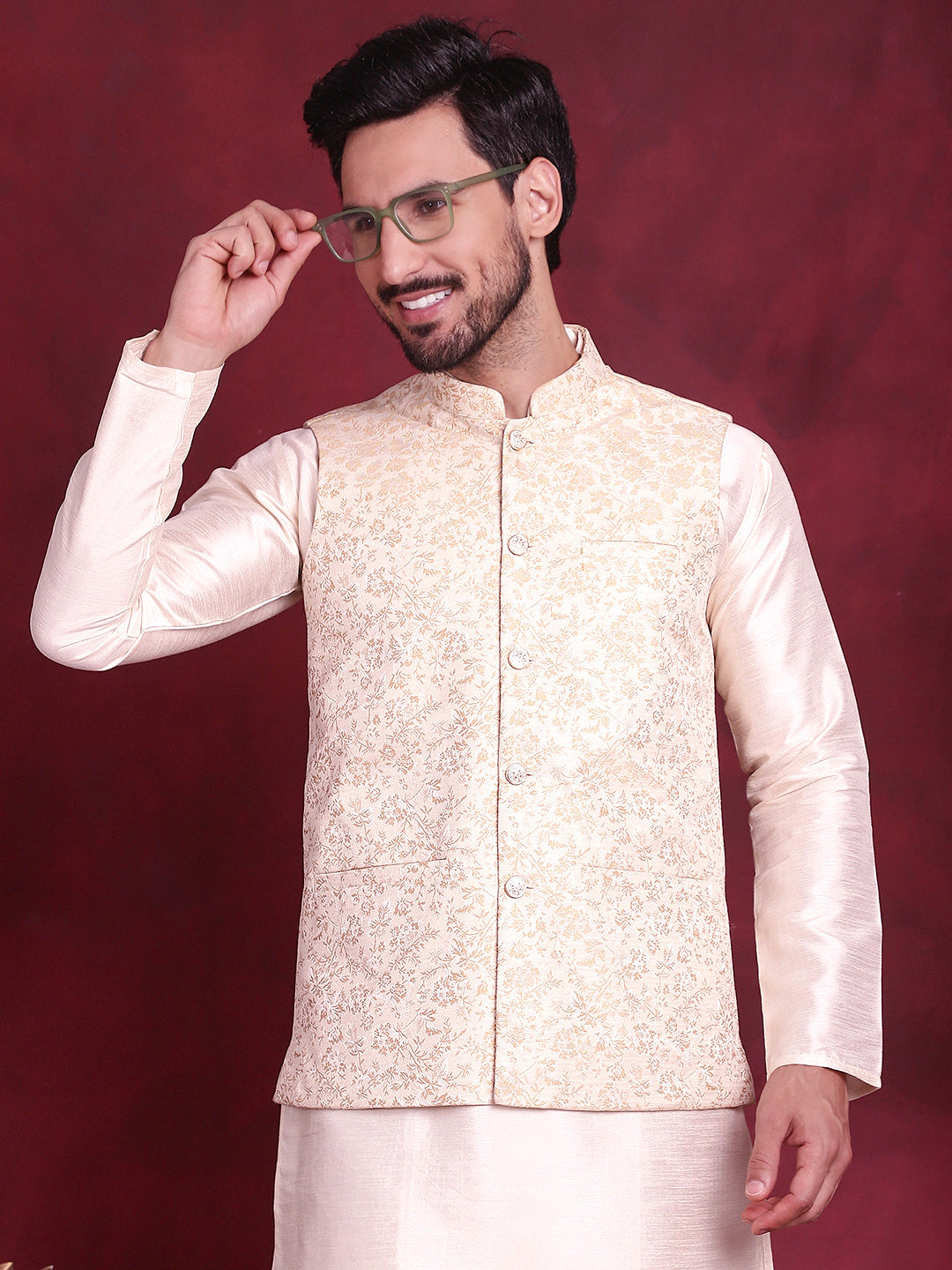 Jompers Men's Woven Design Nehru Jacket With Kurta Pyjama Set - Cream