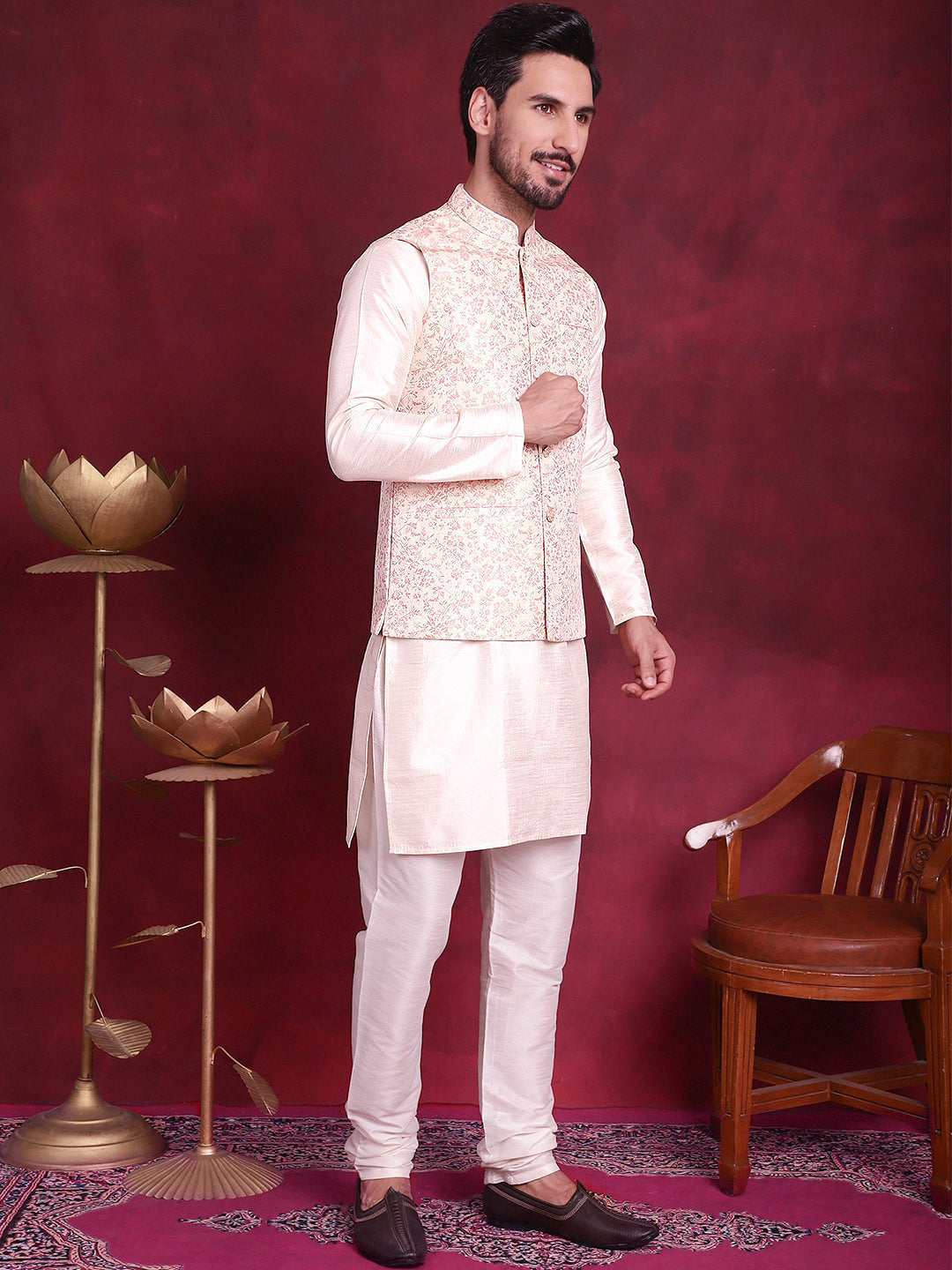 Jompers Men's Woven Design Nehru Jacket With Kurta Pyjama Set - Pink