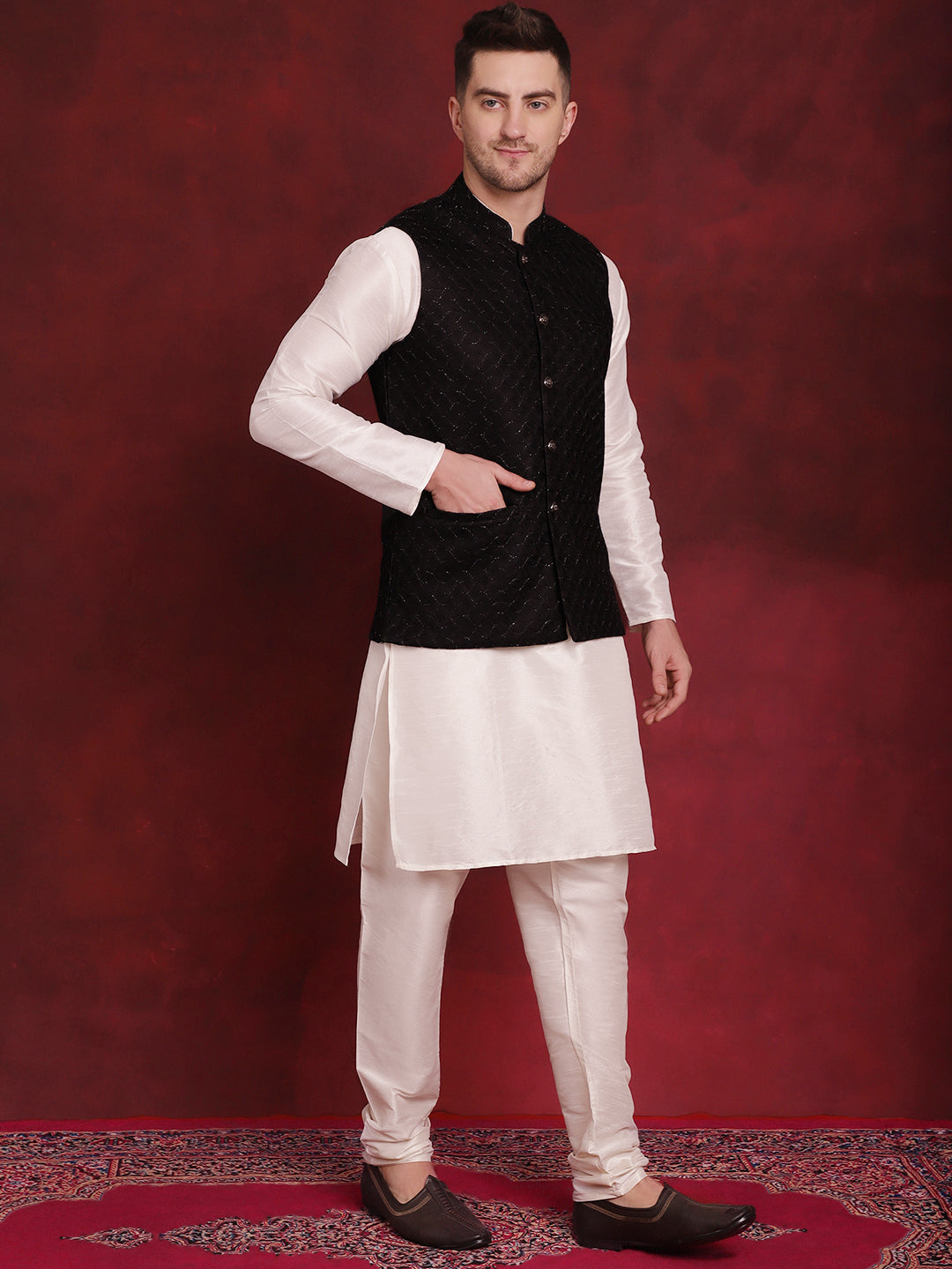 Jompers Men's Black Woven Design Nehru Jacket With Kurta Pyjama Set