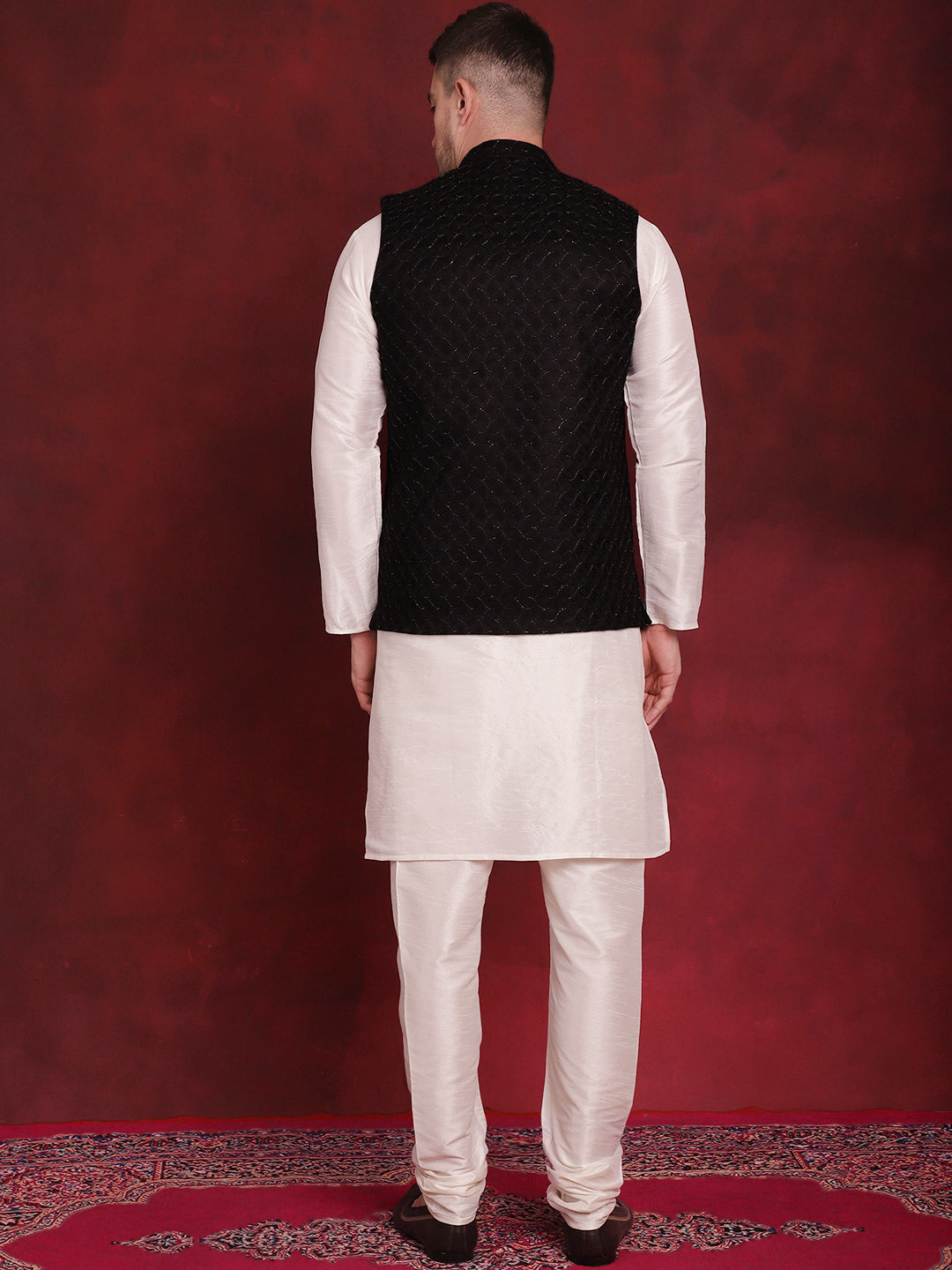 Jompers Men's Black Woven Design Nehru Jacket With Kurta Pyjama Set
