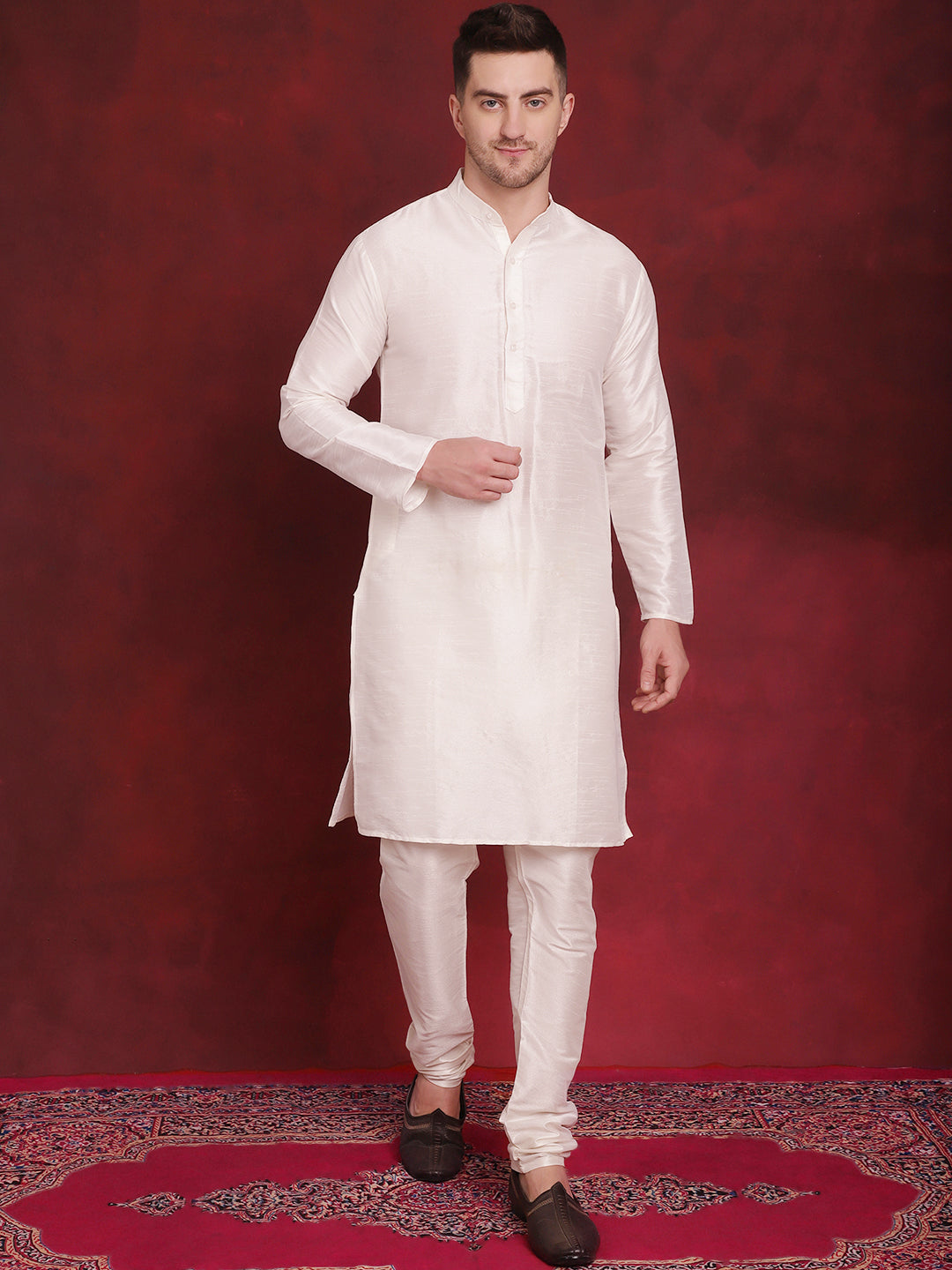Jompers Men's Coral Woven Design Nehru Jacket With Kurta Pyjama Set