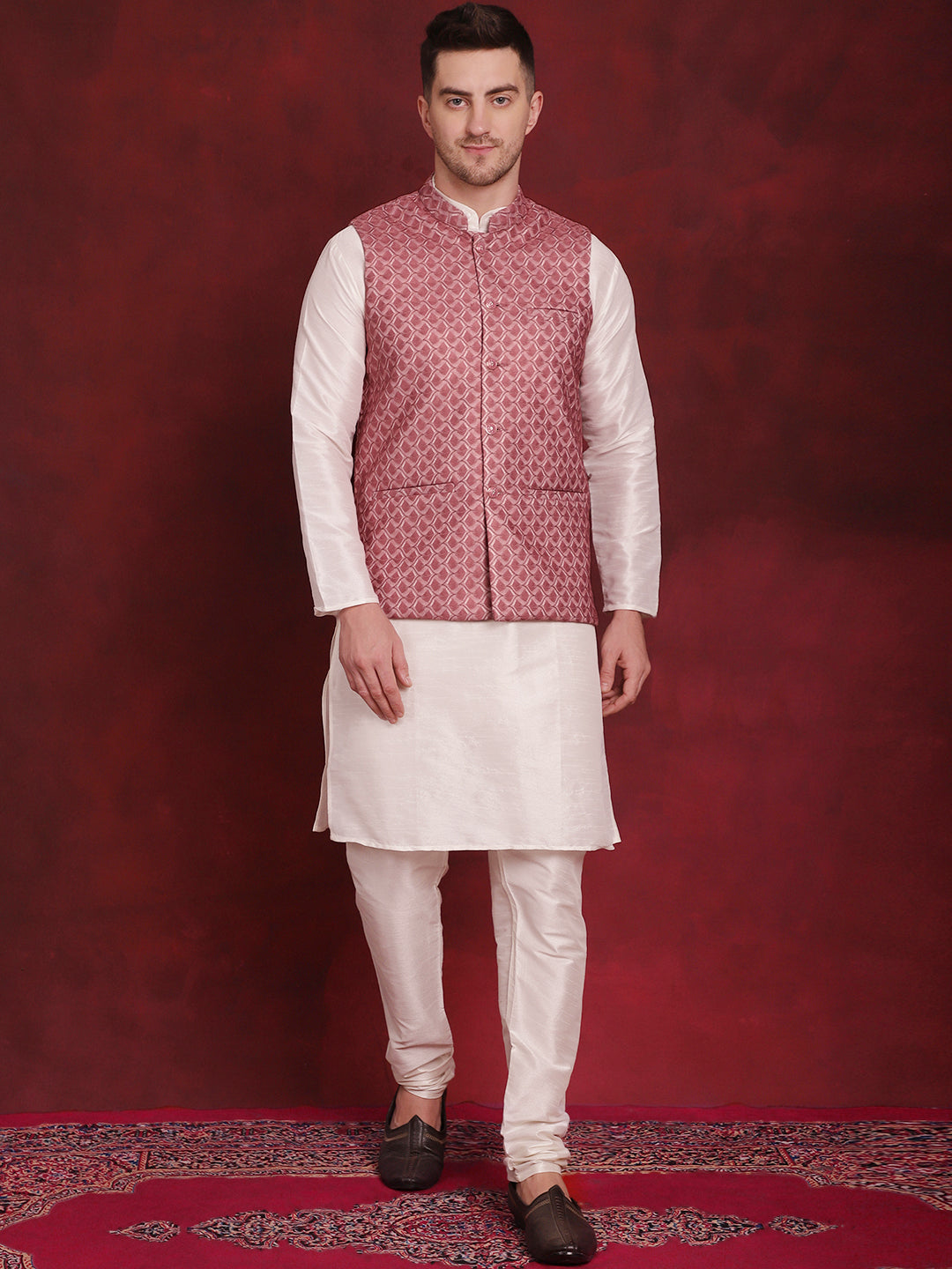 Jompers Men's Coral Woven Design Nehru Jacket With Kurta Pyjama Set