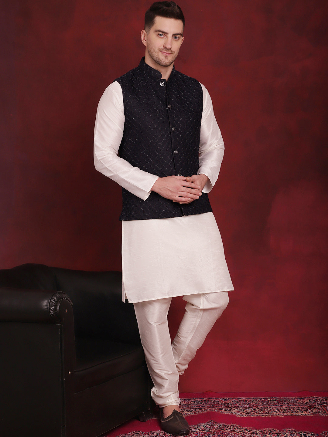 Jompers Men's Navy Blue Woven Design Nehru Jacket With Kurta Pyjama Set
