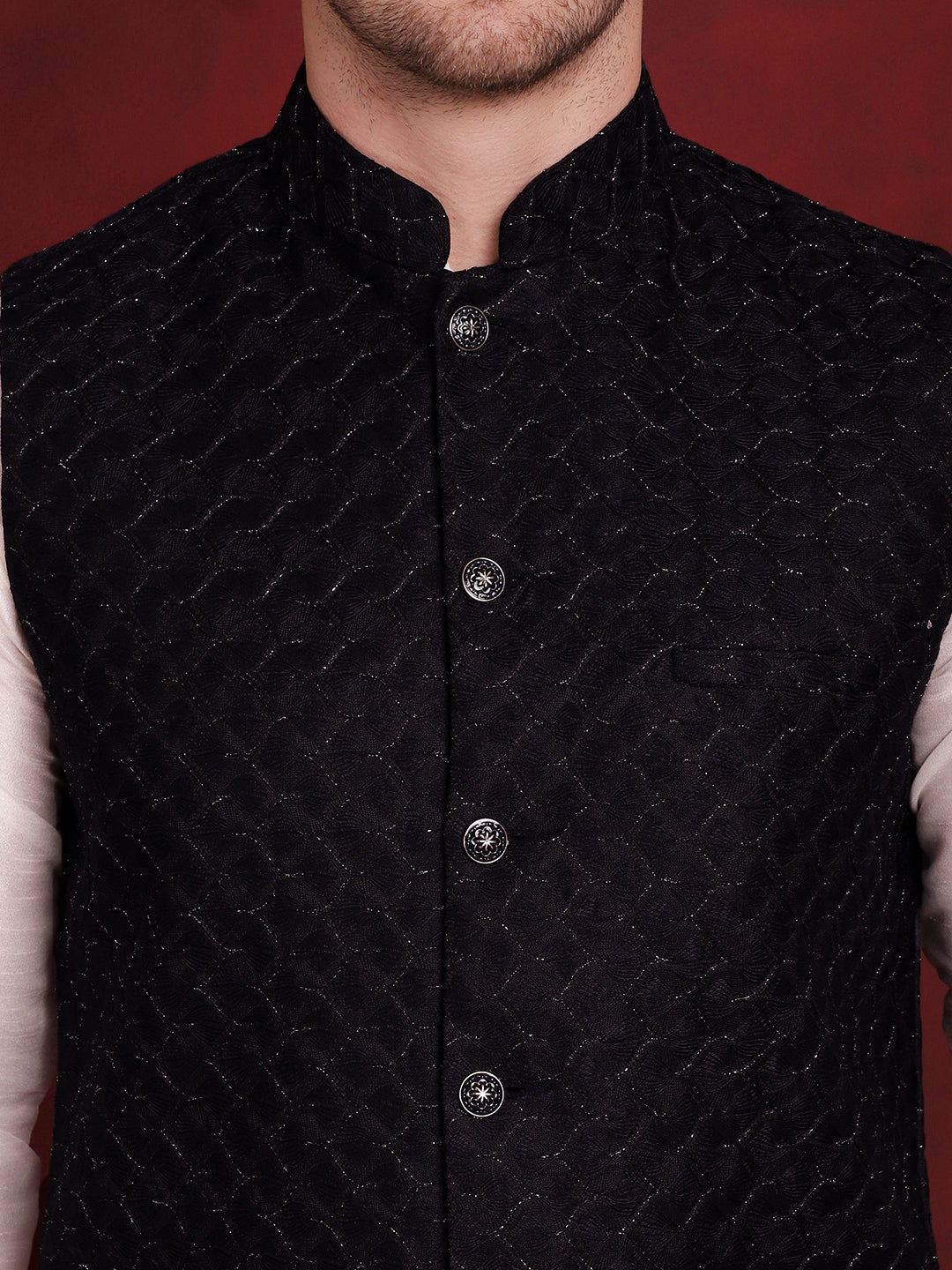 Jompers Men's Navy Blue Woven Design Nehru Jacket With Kurta Pyjama Set