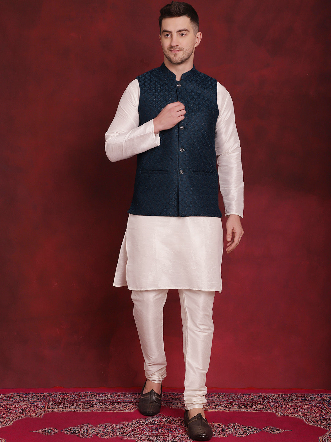 Jompers Men's Blue Woven Design Nehru Jacket With Kurta Pyjama Set