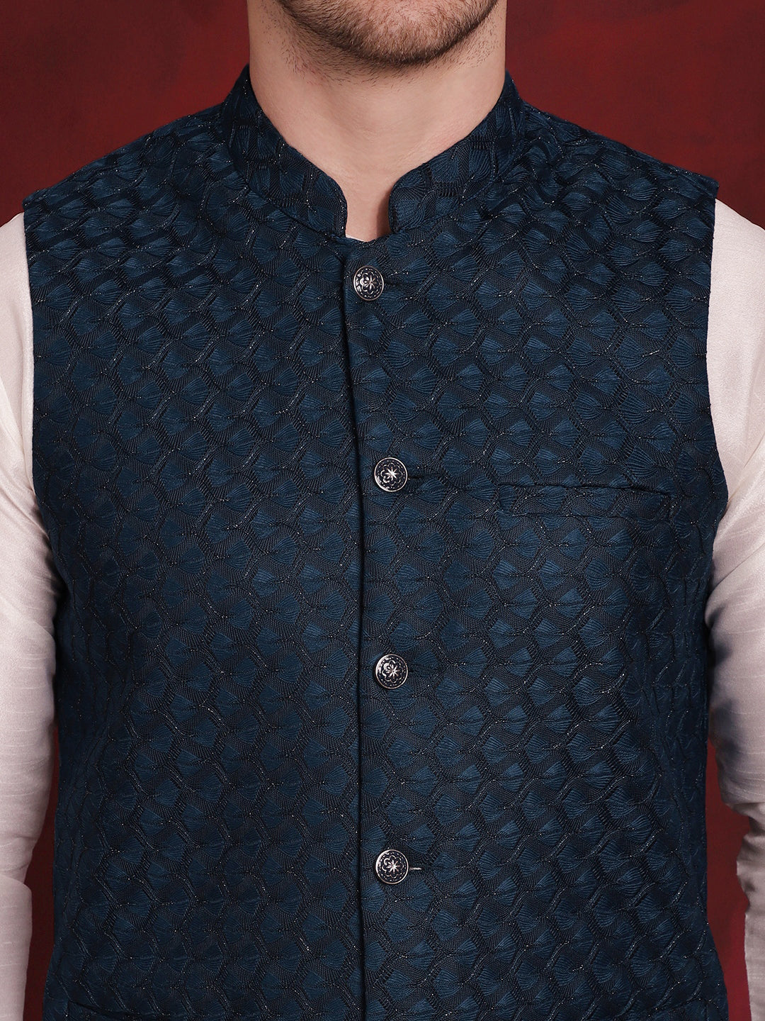 Jompers Men's Blue Woven Design Nehru Jacket With Kurta Pyjama Set