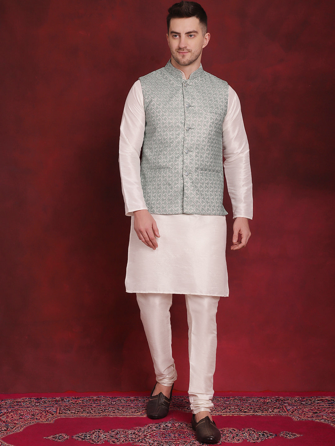 Jompers Men's Green Woven Design Nehru Jacket With Kurta Pyjama Set