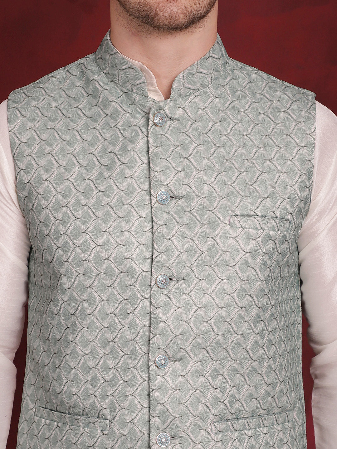 Jompers Men's Green Woven Design Nehru Jacket With Kurta Pyjama Set