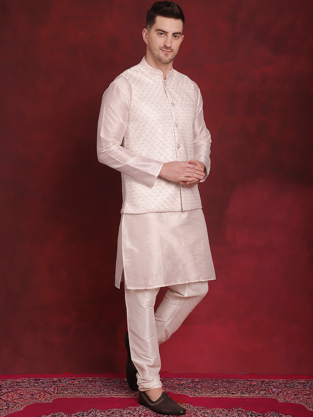 Jompers Men's White Woven Design Nehru Jacket With Kurta Pyjama Set - White