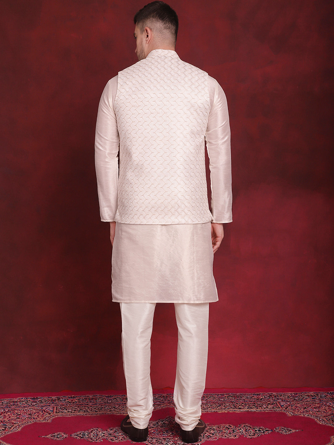 Jompers Men's White Woven Design Nehru Jacket With Kurta Pyjama Set - White