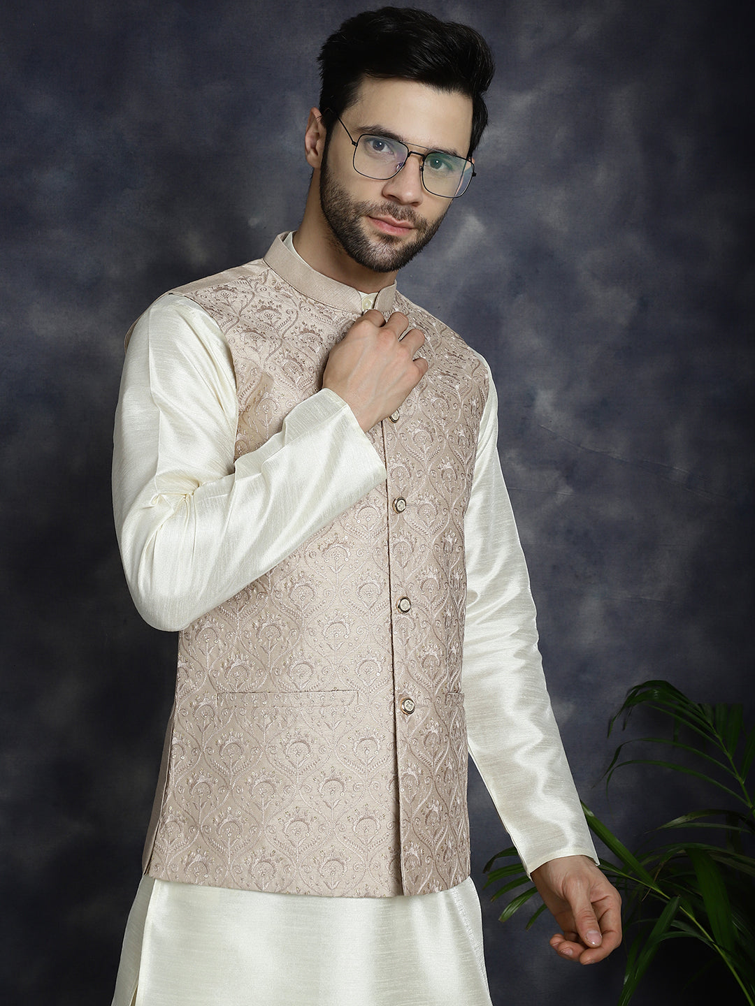 Jompers Men's Sequins and Embroidred Nehru Jacket With Solid Kurta Pyjama - Peach