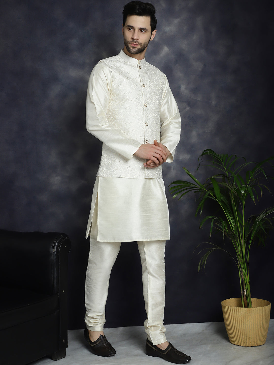 Jompers Men's Sequins and Embroidred Nehru Jacket With Solid Kurta Pyjama - White