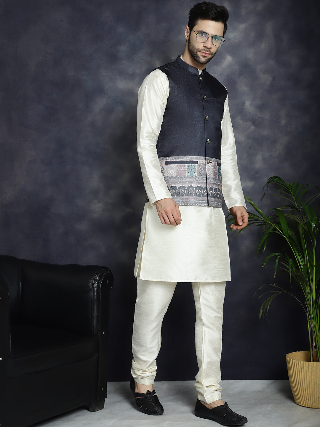 Jompers Men's Printed Nehru Jacket With Solid Kurta Pyjama - Black