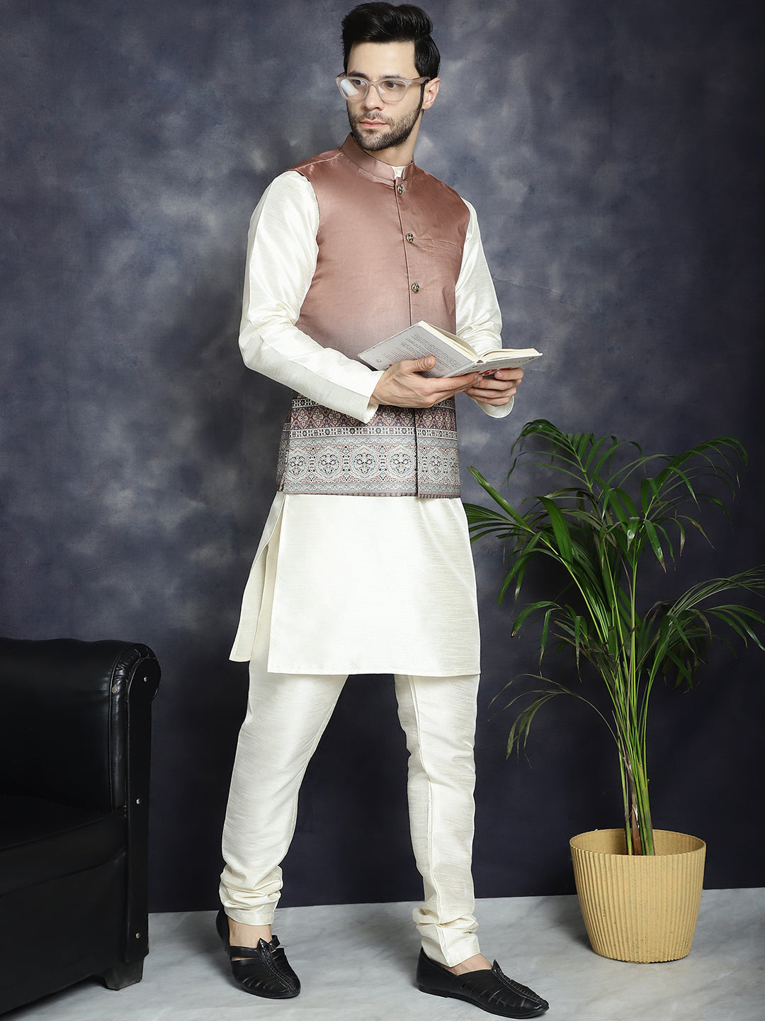 Jompers Men's Printed Nehru Jacket With Solid Kurta Pyjama - Brown