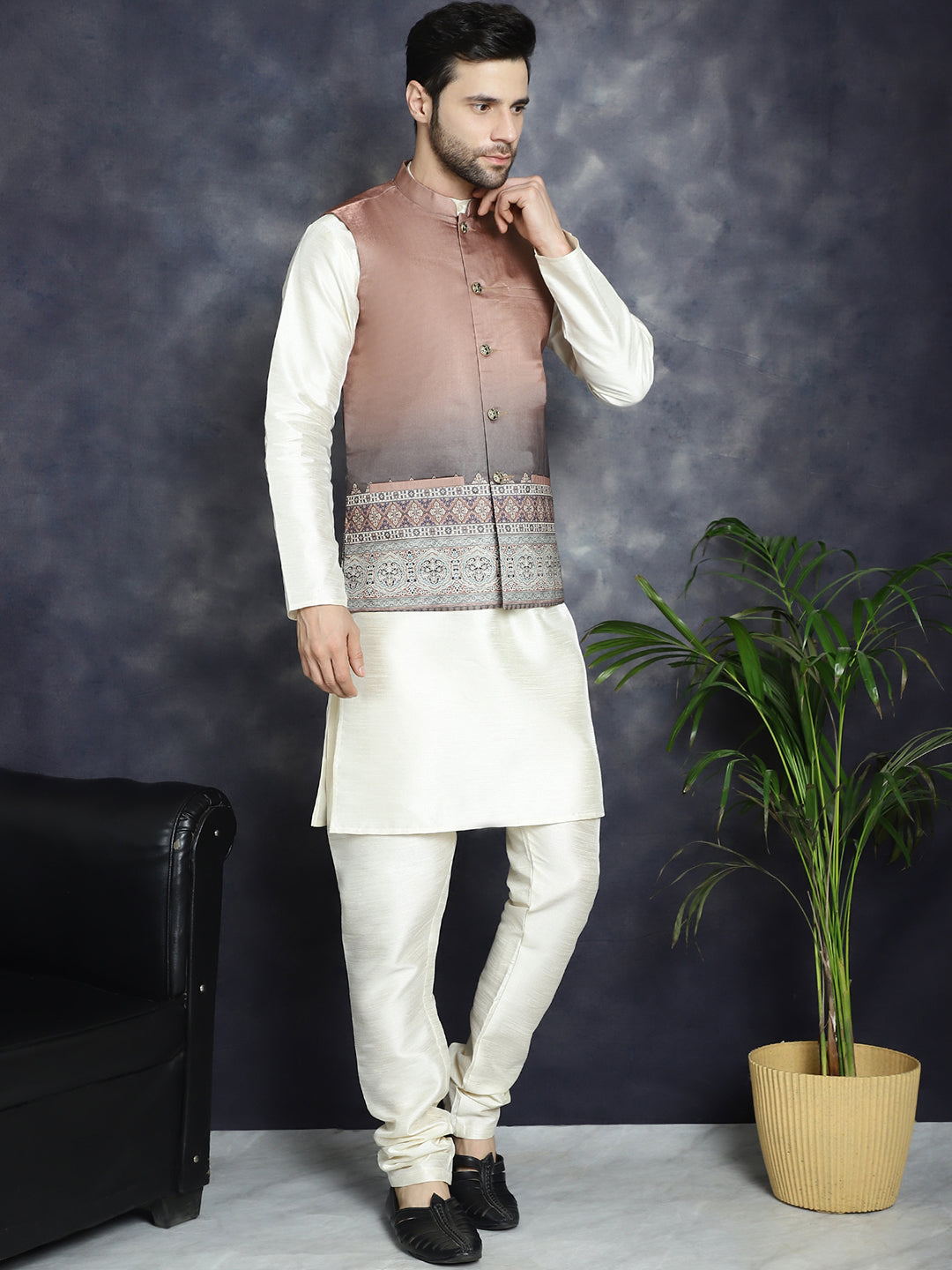 Jompers Men's Printed Nehru Jacket With Solid Kurta Pyjama - Brown