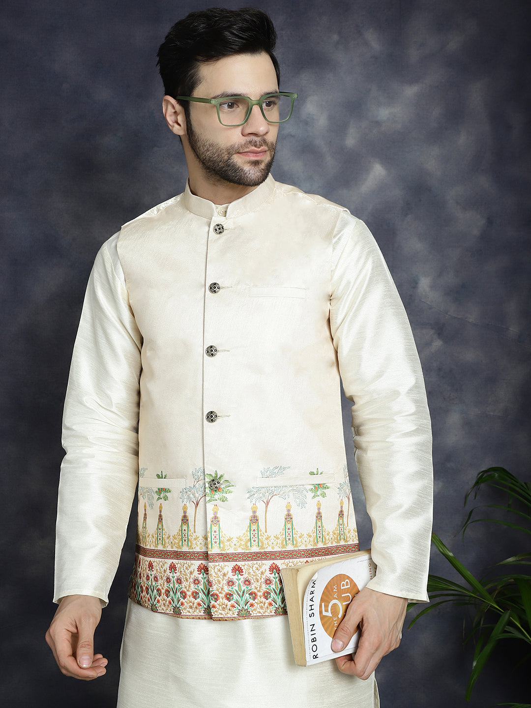 Jompers Men's Printed Nehru Jacket With Solid Kurta Pyjama - Golden