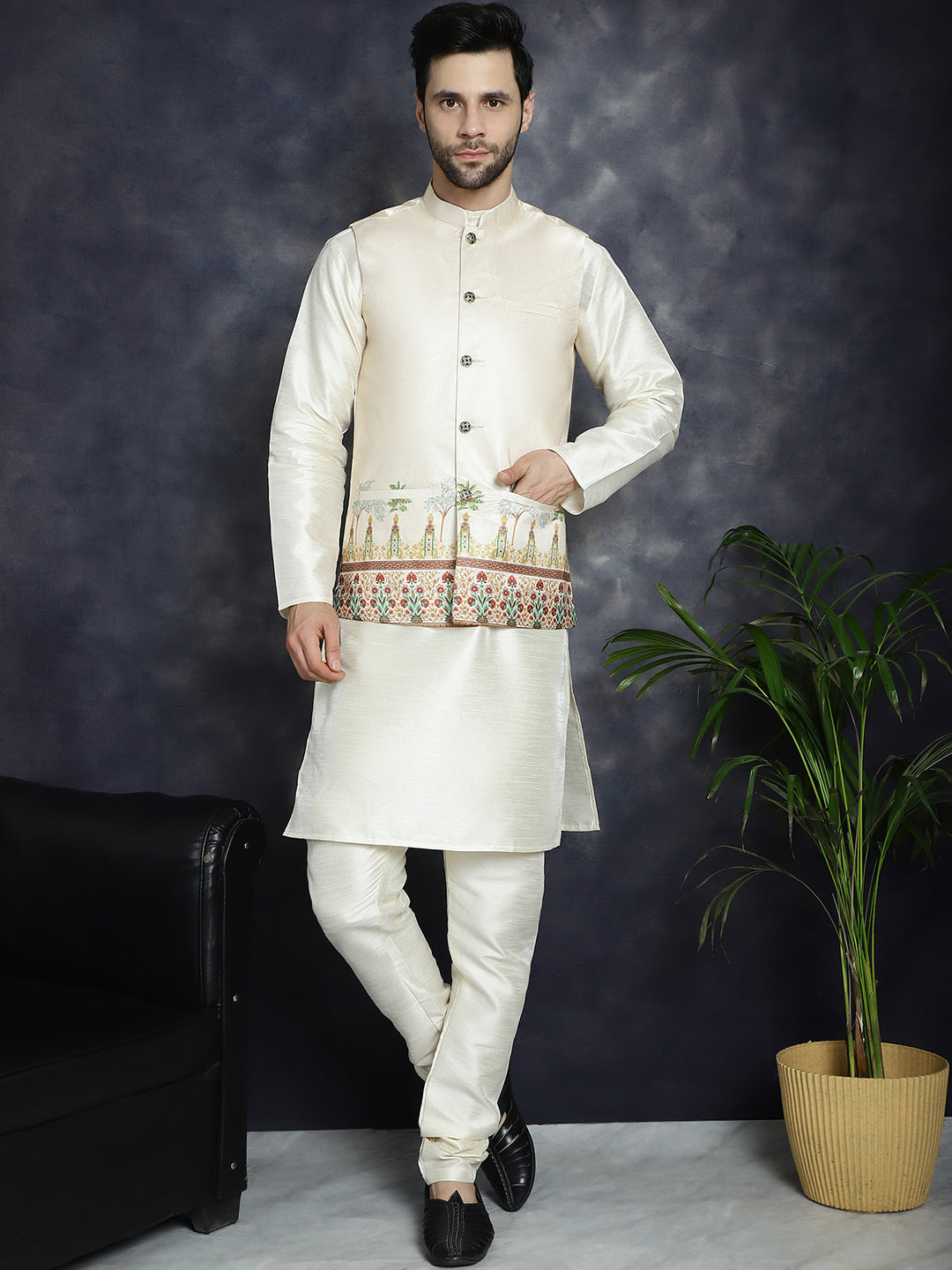 Jompers Men's Printed Nehru Jacket With Solid Kurta Pyjama - Golden