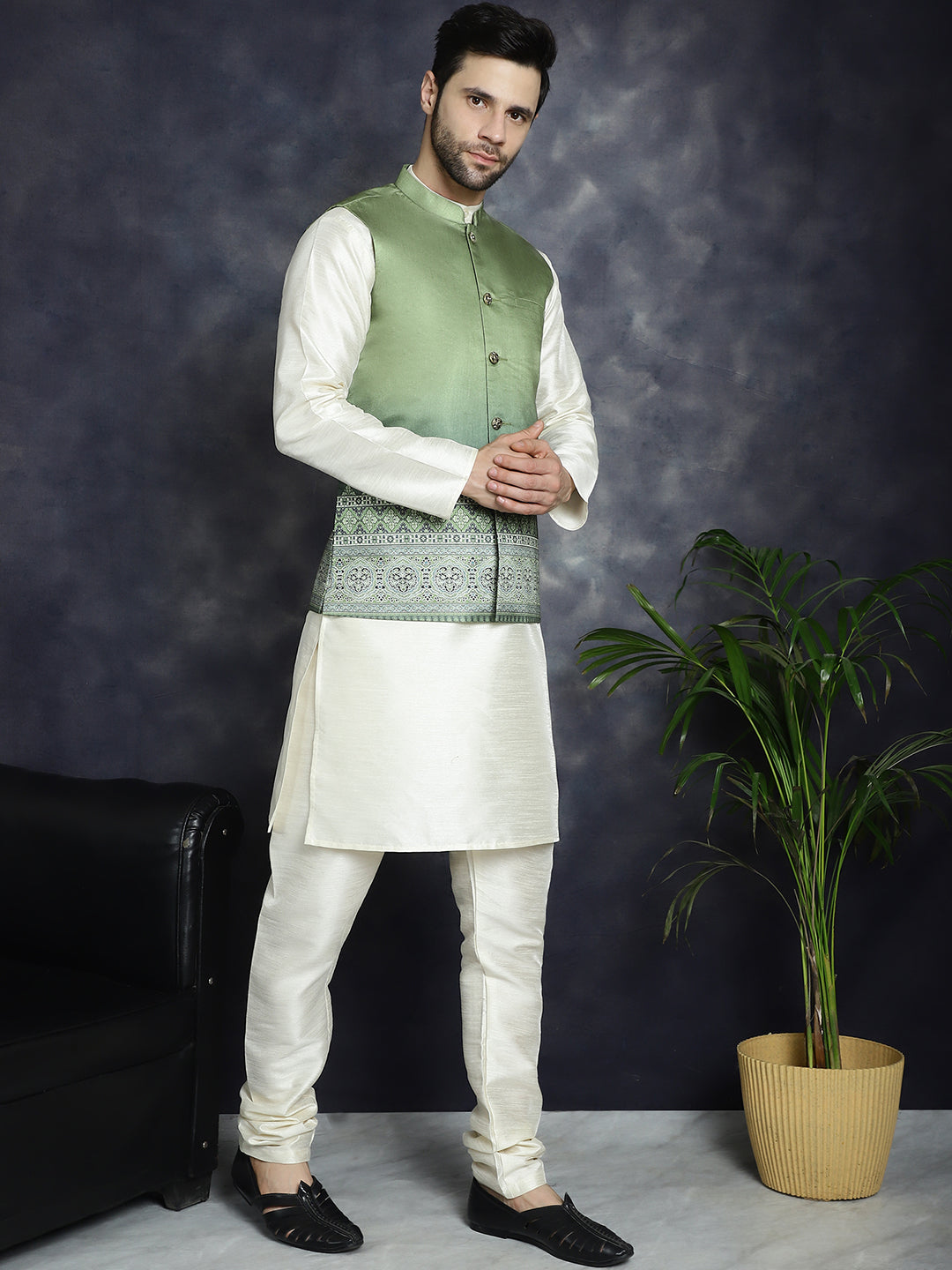 Jompers Men's Printed Nehru Jacket With Solid Kurta Pyjama - Green