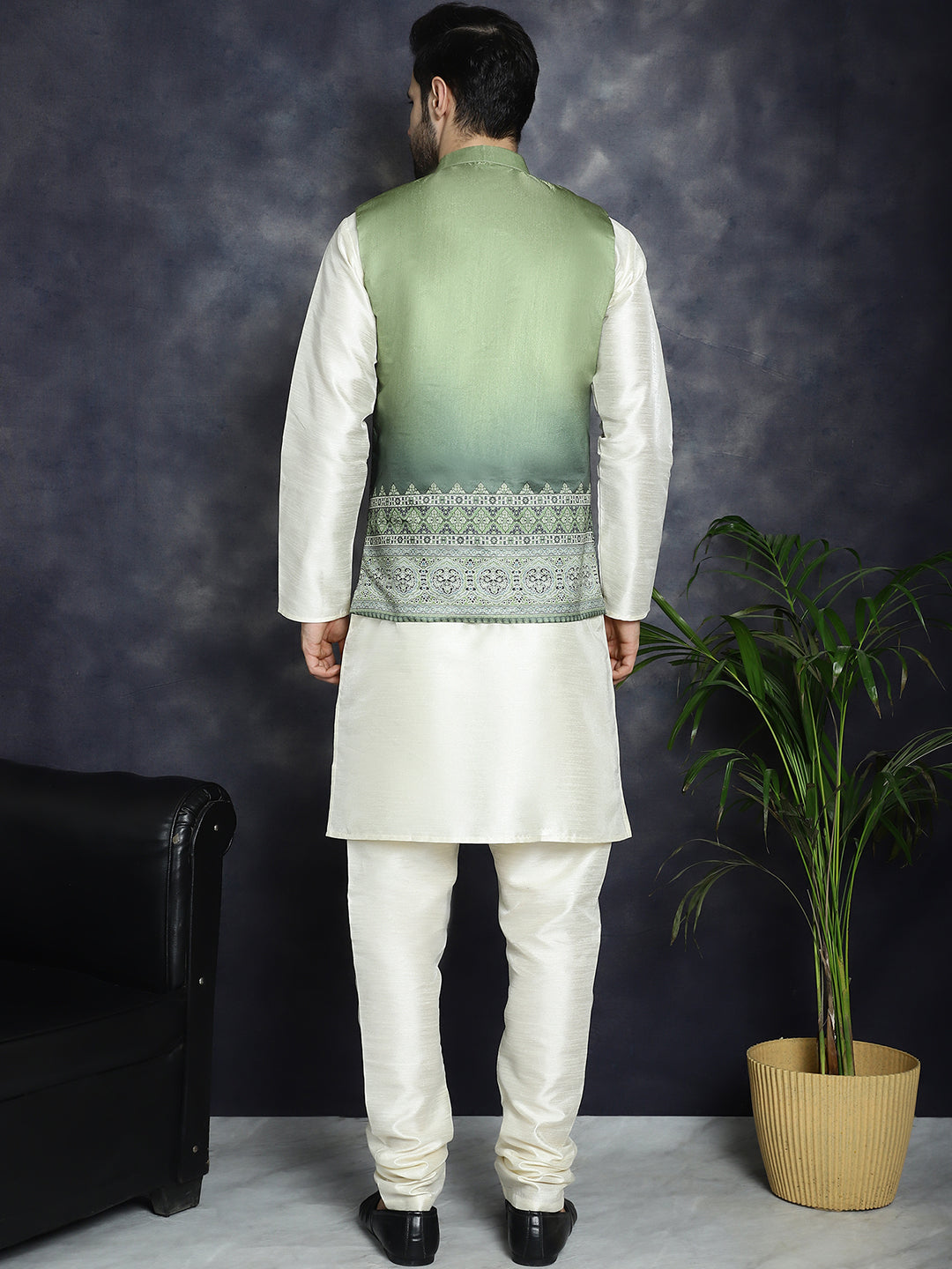 Jompers Men's Printed Nehru Jacket With Solid Kurta Pyjama - Green