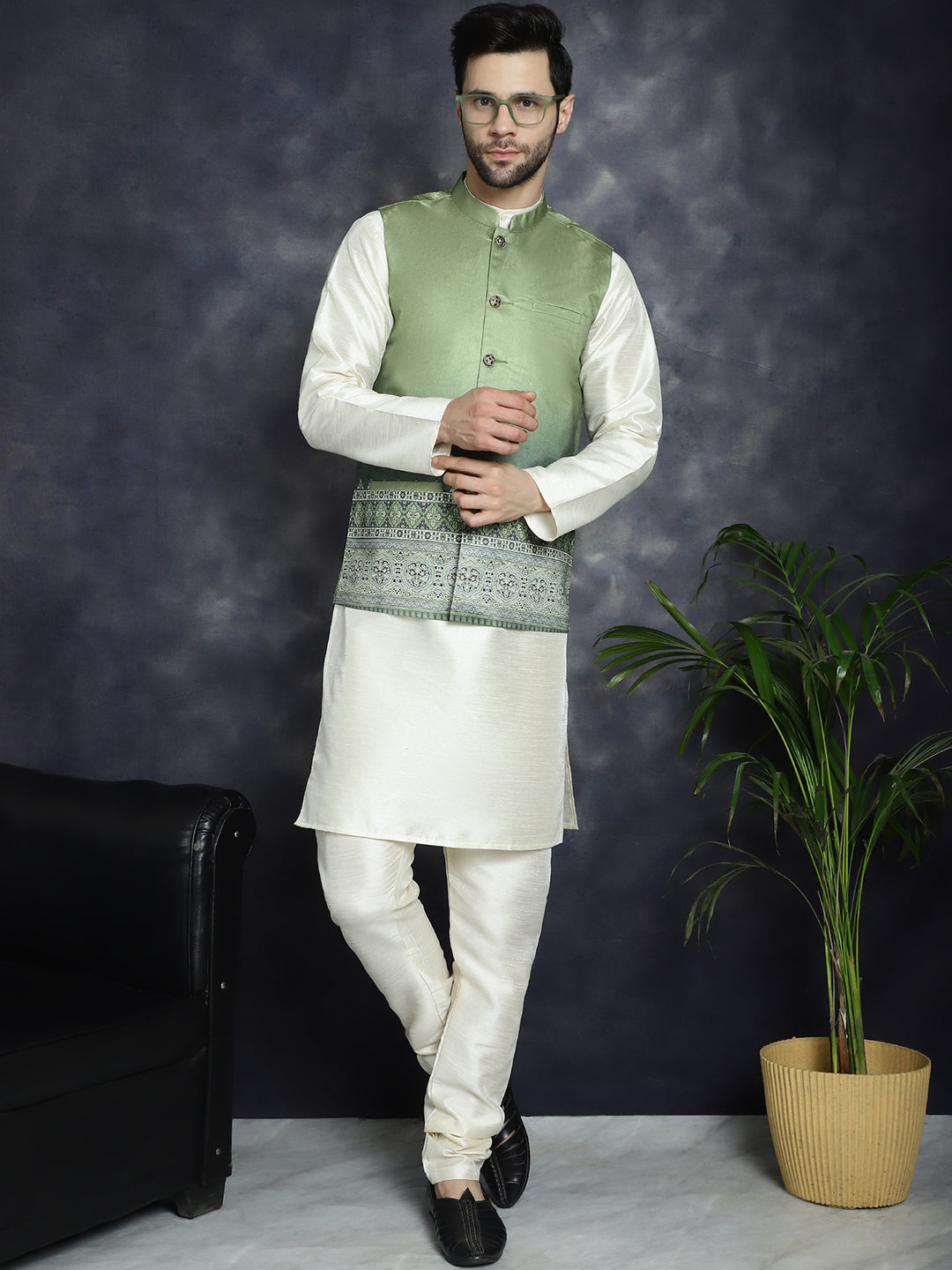 Jompers Men's Printed Nehru Jacket With Solid Kurta Pyjama - Green