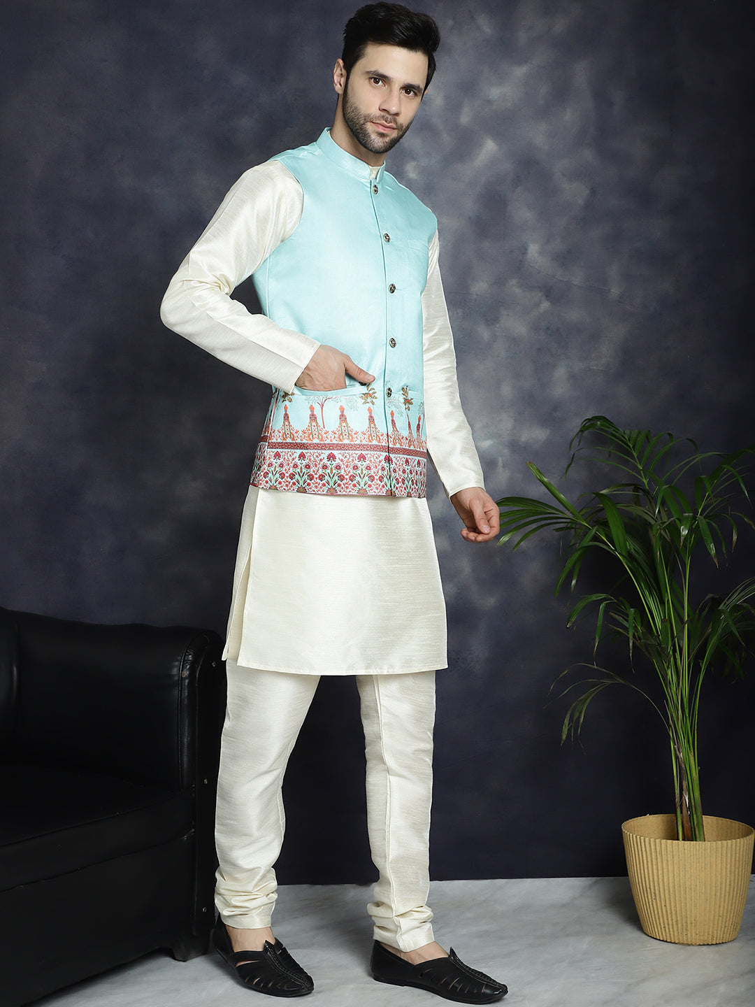 Jompers Men's Printed Nehru Jacket With Solid Kurta Pyjama - Sky Blue