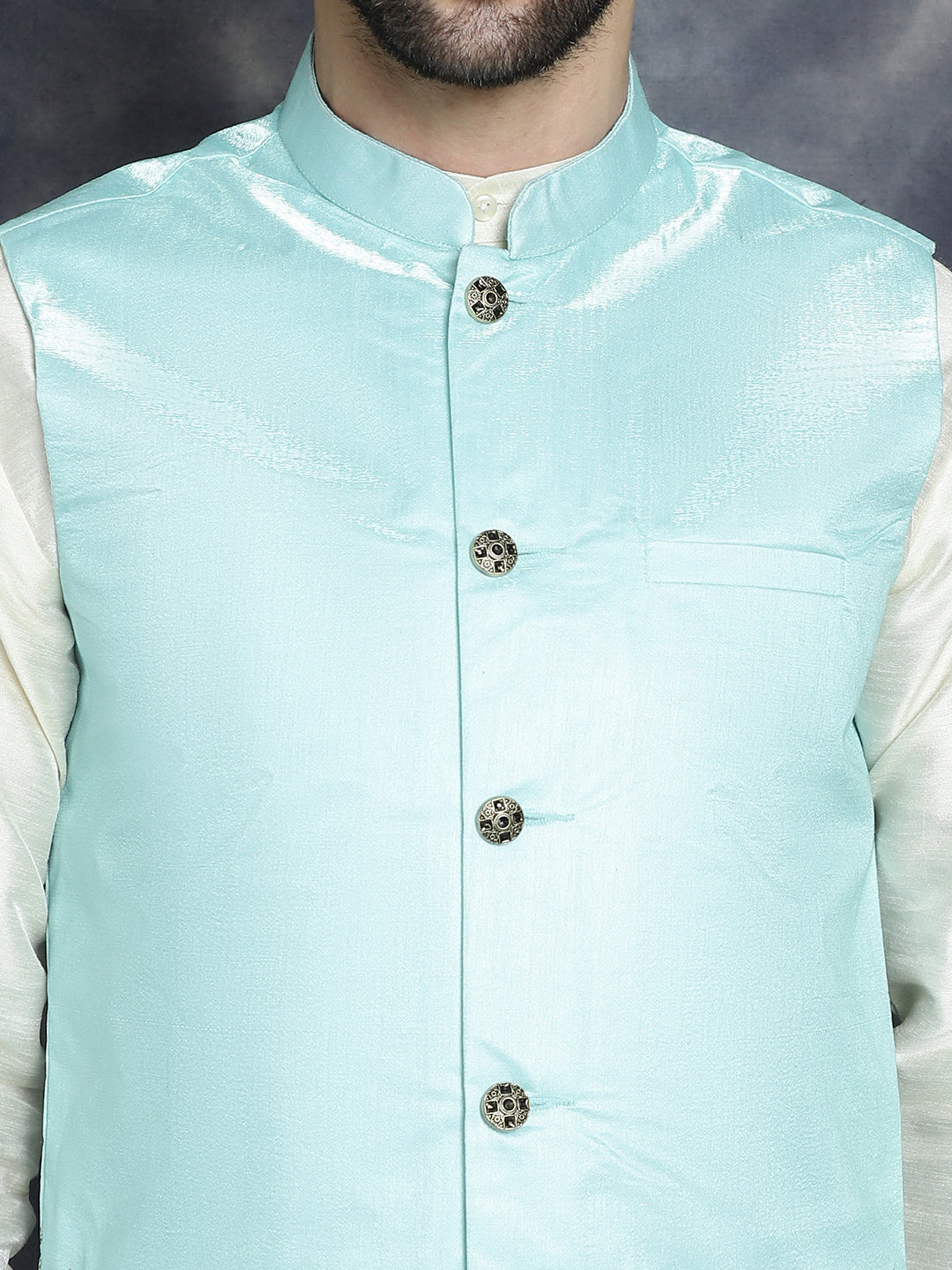 Jompers Men's Printed Nehru Jacket With Solid Kurta Pyjama - Sky Blue