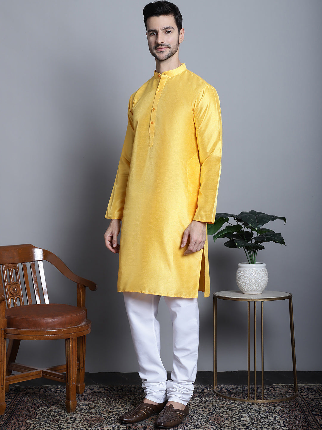Jompers Men's Woven Design Nehru Jacket With Kurta Pyjama Set - Mustard
