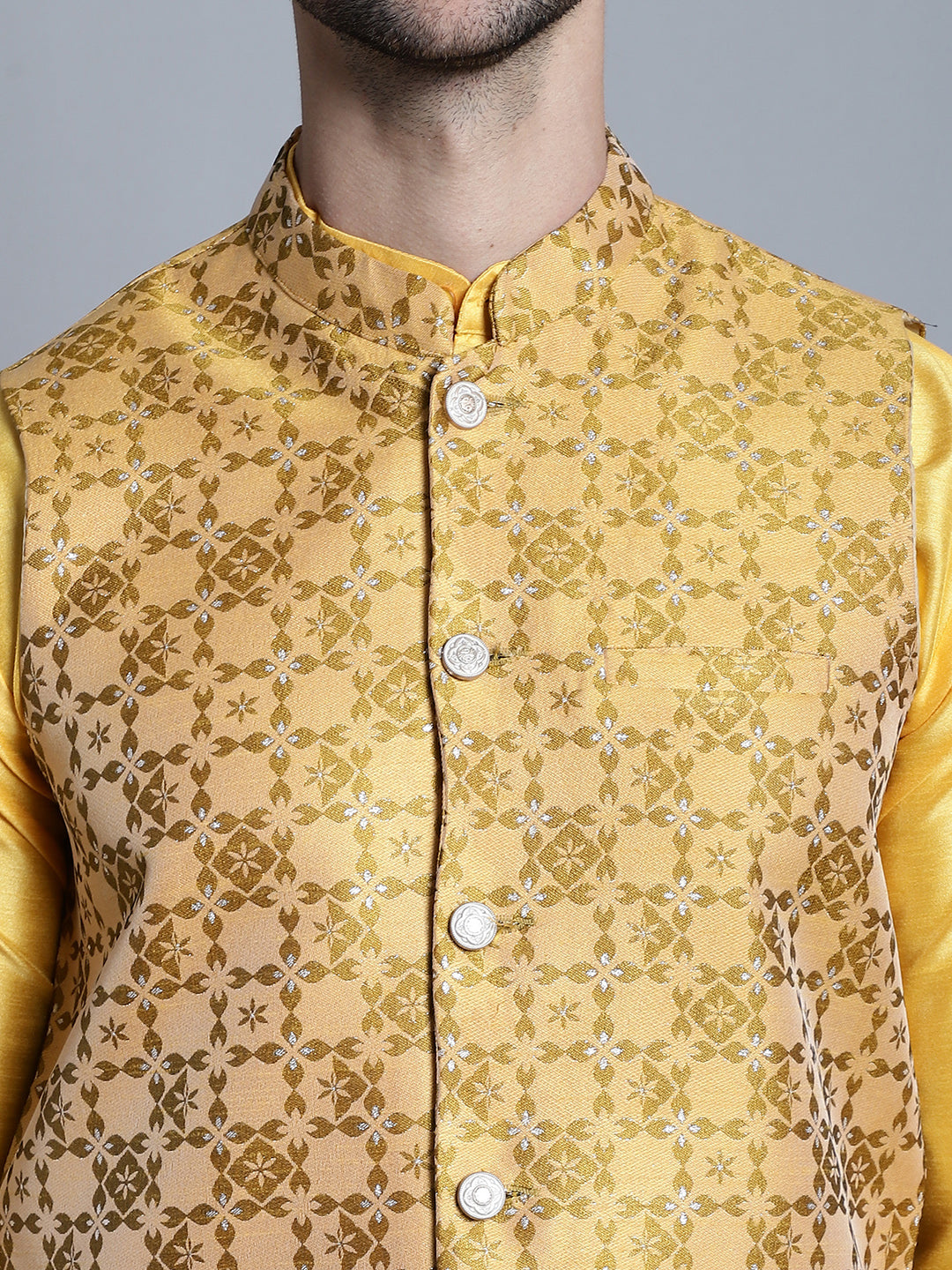 Jompers Men's Woven Design Nehru Jacket With Kurta Pyjama Set - Mustard