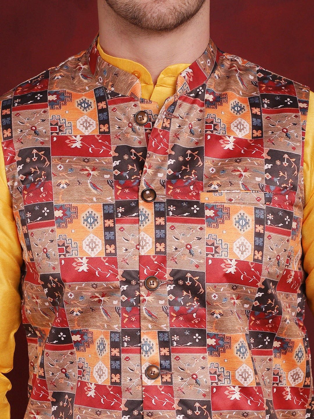 Jompers Men's Multi Printed Nehru Jacket With Kurta Pyjama Set