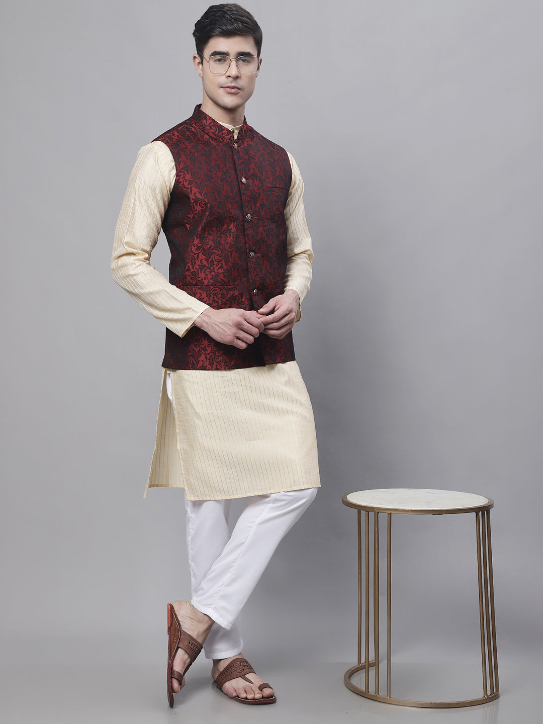 Jompers Men's Beige Embroidered Kurta Pyjama With Woven Design Nehru Jacket