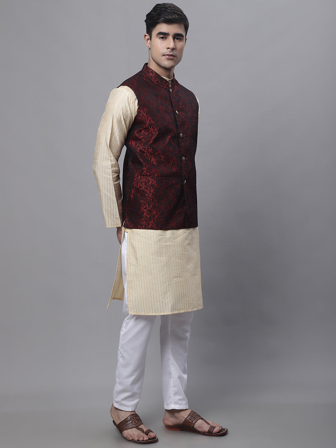 Jompers Men's Beige Embroidered Kurta Pyjama With Woven Design Nehru Jacket