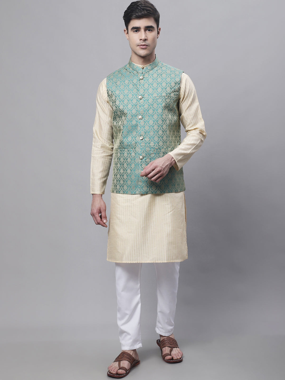 Jompers Men's Beige Embroidered Kurta Pyjama With Green Woven Design Nehru Jacket