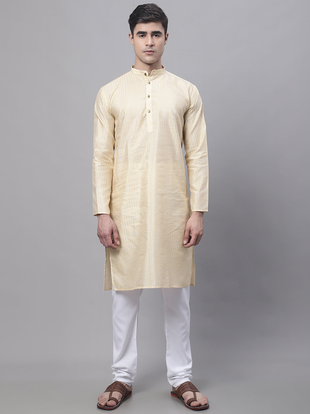 Jompers Men's Beige Embroidered Kurta Pyjama With Green Woven Design Nehru Jacket