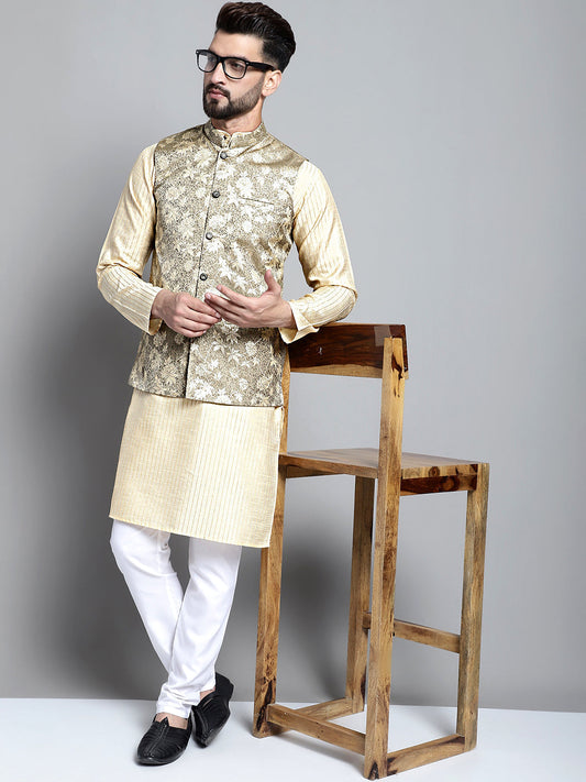 Jompers Men's Beige Embroidered Kurta Pyjama With Woven Design Nehru Jacket