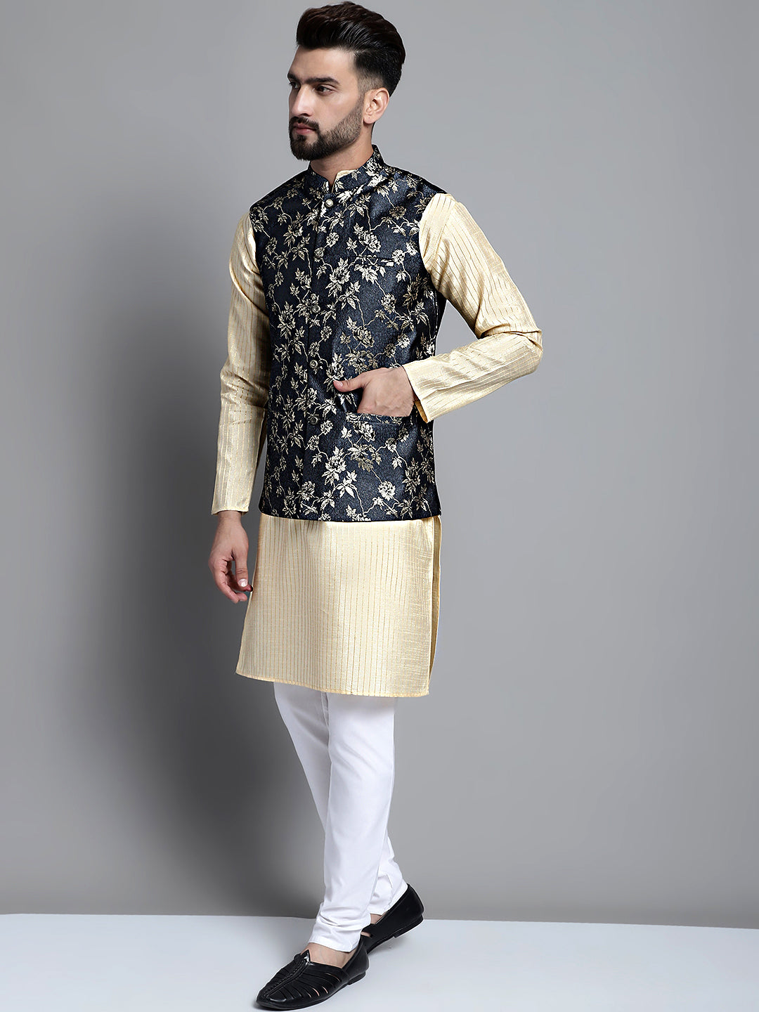 Jompers Men's Beige Embroidered Kurta Pyjama With Woven Design Nehru Jacket