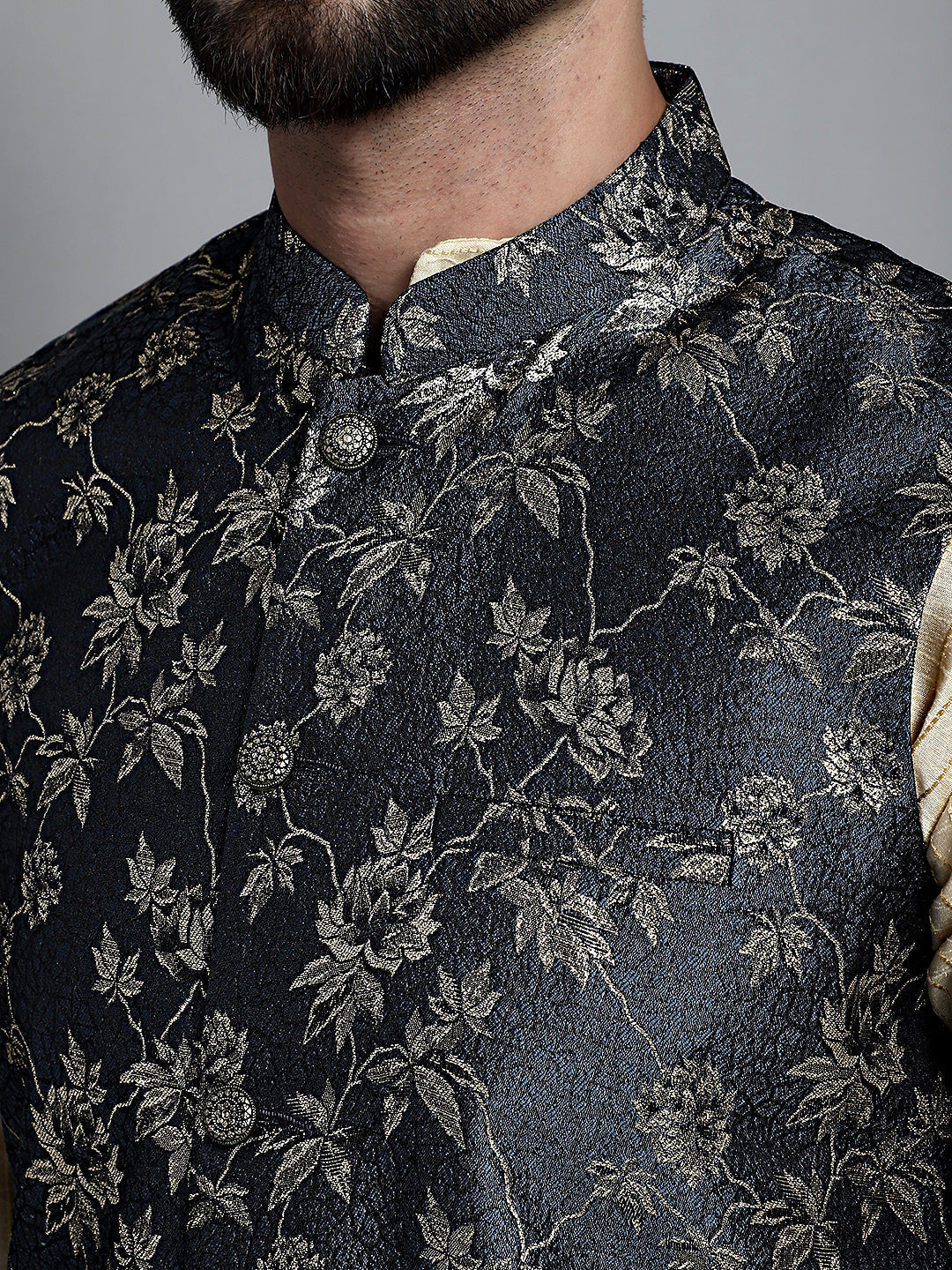 Jompers Men's Beige Embroidered Kurta Pyjama With Woven Design Nehru Jacket