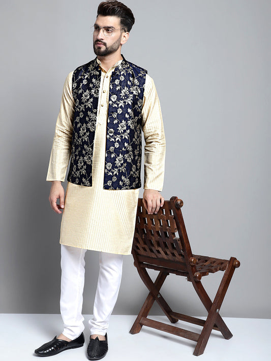 Jompers Men's Beige Embroidered Kurta Pyjama With Woven Design Nehru Jacket