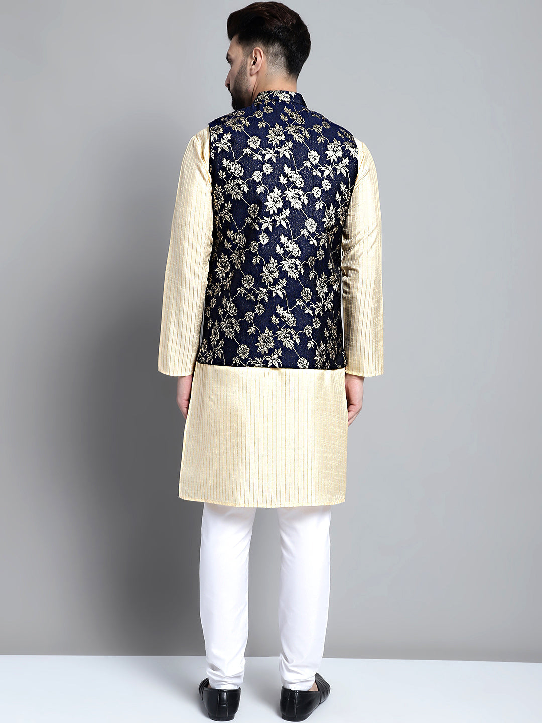 Jompers Men's Beige Embroidered Kurta Pyjama With Woven Design Nehru Jacket