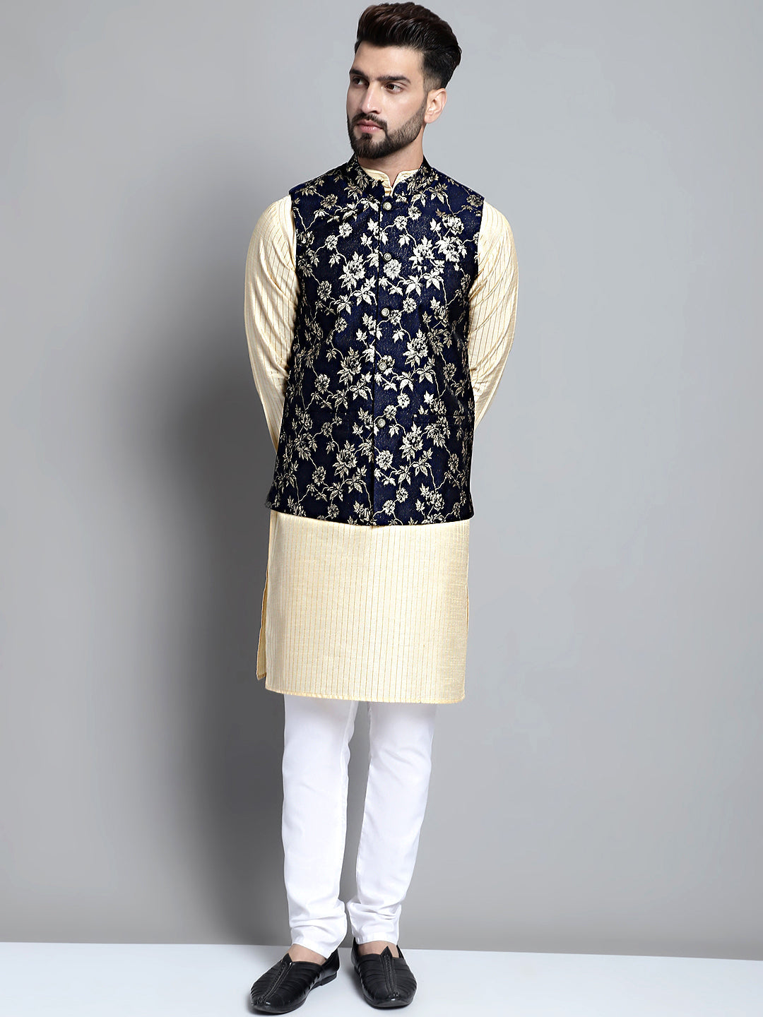 Jompers Men's Beige Embroidered Kurta Pyjama With Woven Design Nehru Jacket