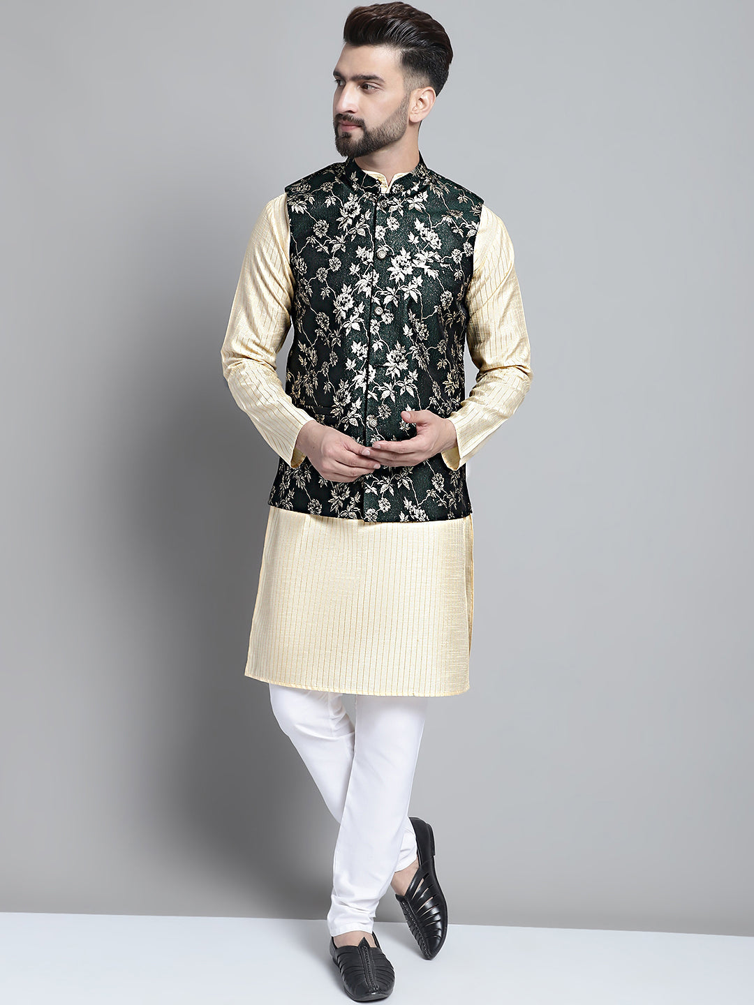 Jompers Men's Beige Embroidered Kurta Pyjama With Woven Design Nehru Jacket